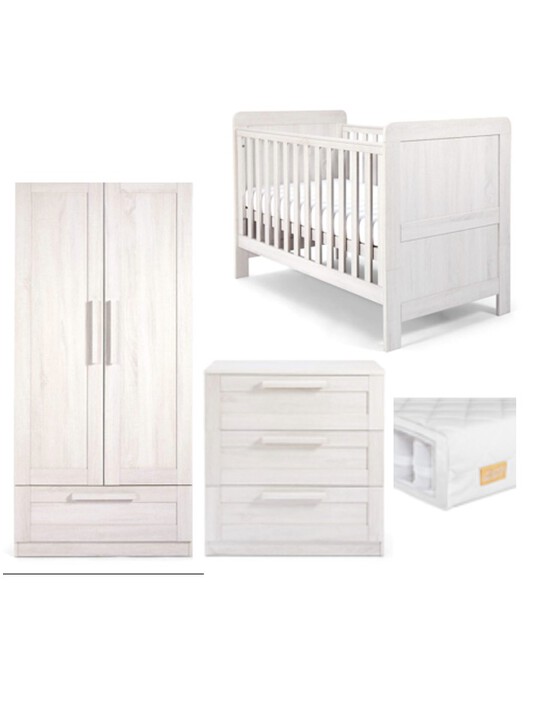 Atlas 4 Piece Cotbed with Dresser Changer, Wardrobe, and Essential Pocket Spring Mattress Set- White image number 1